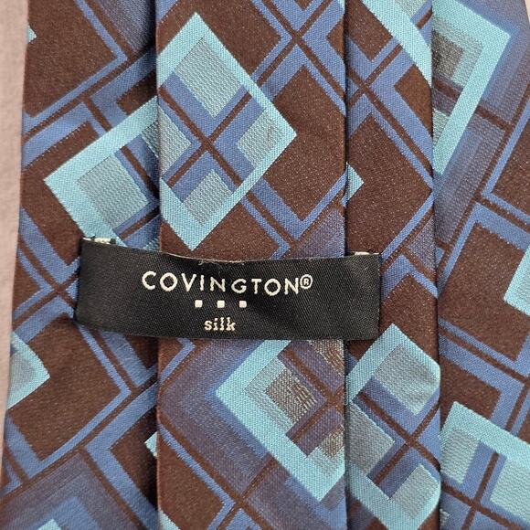 Covington Blue Brown Geometric Square Executive Silk Executive Neck Tie Men's - Picture 4 of 6